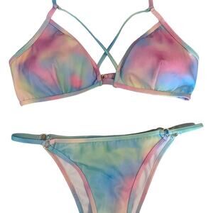 Plumeria Tye Dye 2 pc Bikini Pastel Blues Pinks Size Large Halter String Top NEW